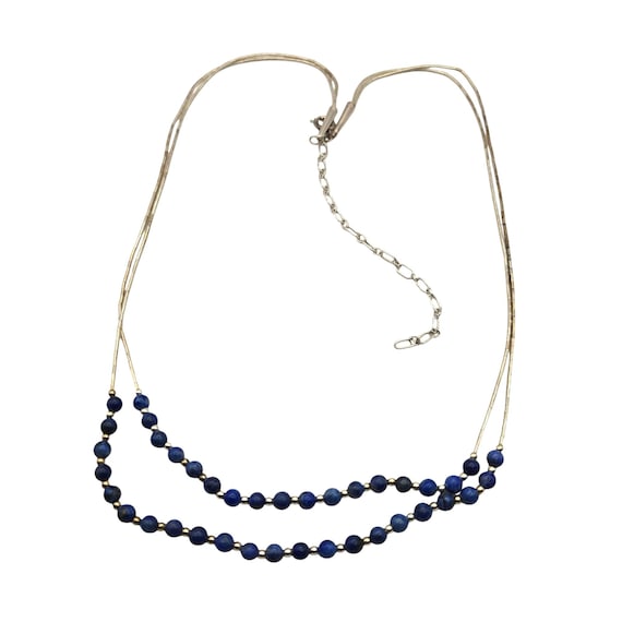 Vintage Carolyn Pollack Sterling Liquid Silver Necklace W/ Double Strand Blue Lapis Beads