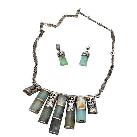 Vtg Handcrafted Sterling Silver & Agate Station Necklace With Matching Earrings Set Peru 925 Detailed Artisan Jewelry