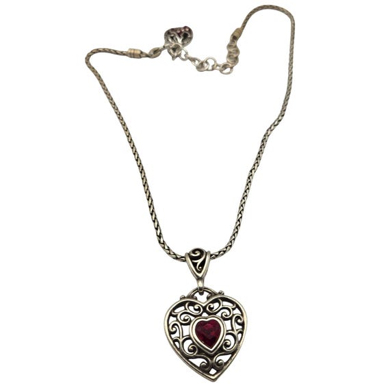 Vtg Brighton Love You Heart Pendant Necklace W/ Red Rhinestone Accent & 10 1/2" Chain Adjustable Extension