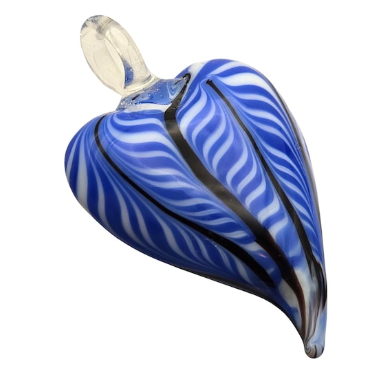Handmade Vintage Art Glass Heart Pendant Blue White Black Striped Design