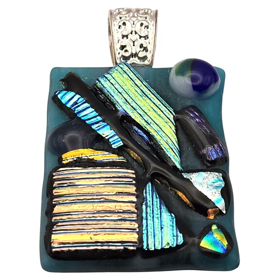 Vintage Dichroic  Art Glass Necklace Pendant With Intricate Silver Bail