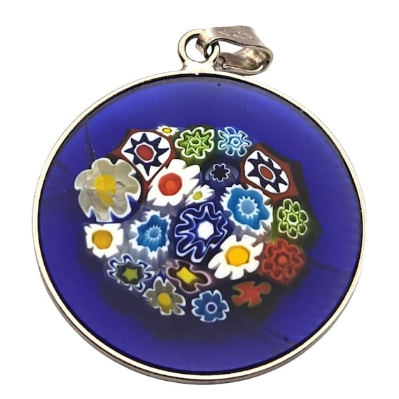 Vintage Sterling Silver 925 Framed Millefiori Glass Pendant 1 "