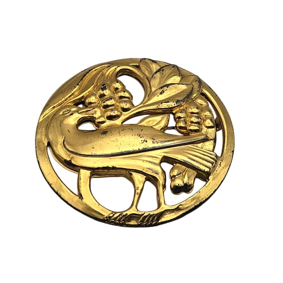 Vintage Coro Sterling Craft Bird Brooch Gold Plated Round Pin