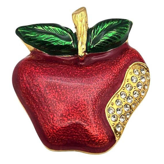 Red & Green Apple Brooch Pin With Gold-Tone Accents / Rhinestone Detailing