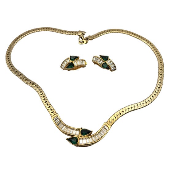 Vtg. Park Lane Gold Tone Necklace / Earring Set W/ Clear & Green Rhinestones Holiday Bling ! Circa 1970's