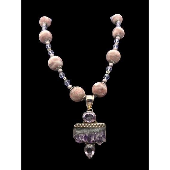 Vtg Handmade Sterling Silver Amethyst & Agate Necklace With Beaded Accents