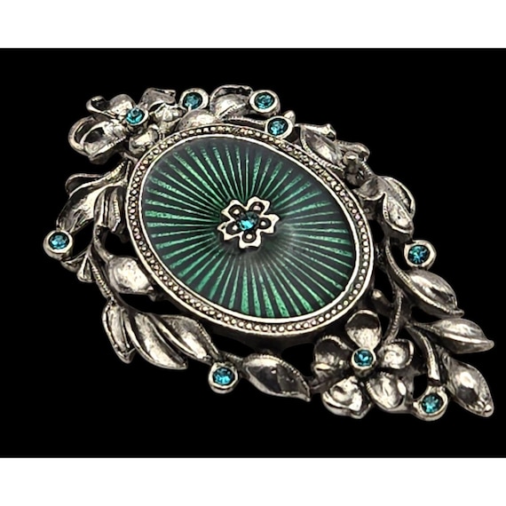 Vintage-Style Green & Silver Brooch With Floral Design / Rhinestone Accents 2 " X 1 1/8 "