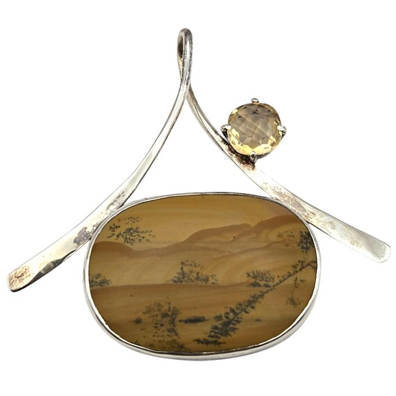Vtg Sterling Silver Pendant W/ Dendritic Agate & Faceted Citrine Gemstone MCM Design Ornate Jewelry Accent Piece