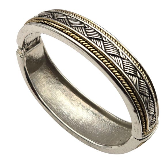 Vtg Two Tone Silver Hinged Bangle Bracelet W/ Basket Weave & Rope Detail