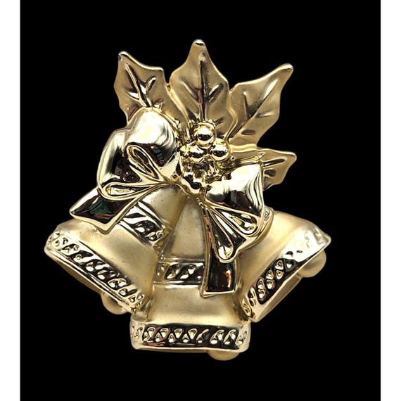 Gold-Toned Christmas Bell & Holly Brooch Pin