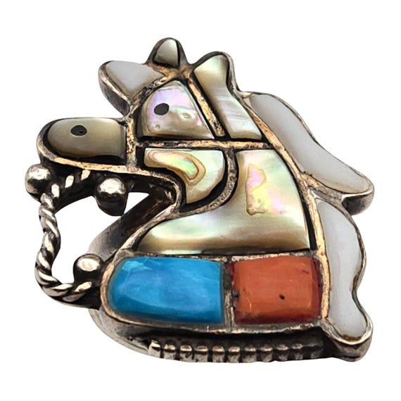 Vtg Zuni Native American Pony Ring Inlaid Turquoise Coral & MOP Sterling Silver Size 10