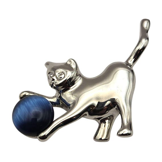 Silver Cat Brooch With Blue Tiger Eye Glass Yarn Ball Accent 1 1/2 "