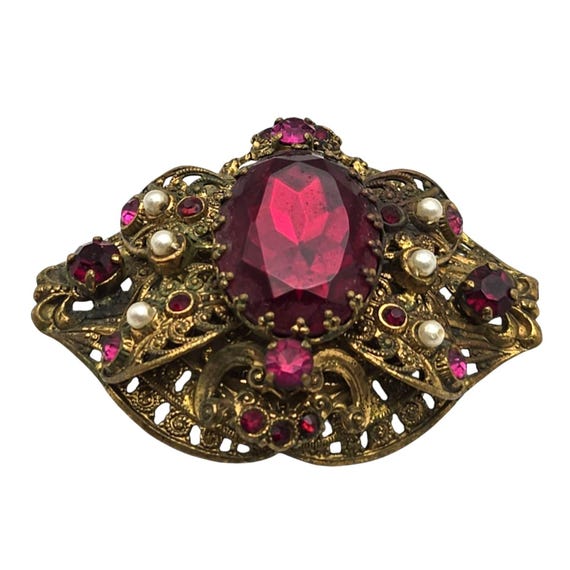 Vintage West Germany Czech Rhinestone & Seed Pearl Brooch Early 1900s Ornate Design Domed Construction