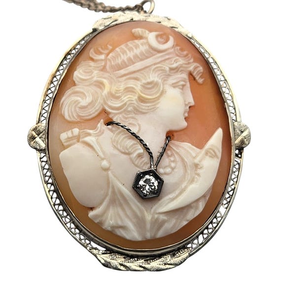 Vintage 14Kt White Gold Shell Cameo Pendant/Brooch With Natural Diamond Accent