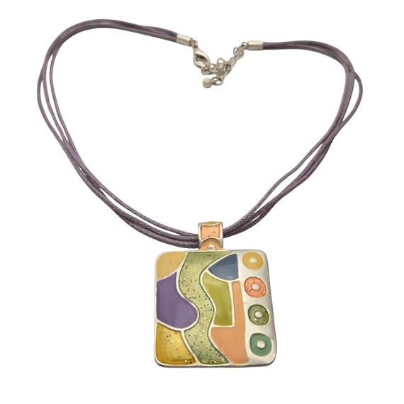 Vintage Modern Artistic Design Lavender Corded Pendant Necklace With Colorful Geometric Pattern