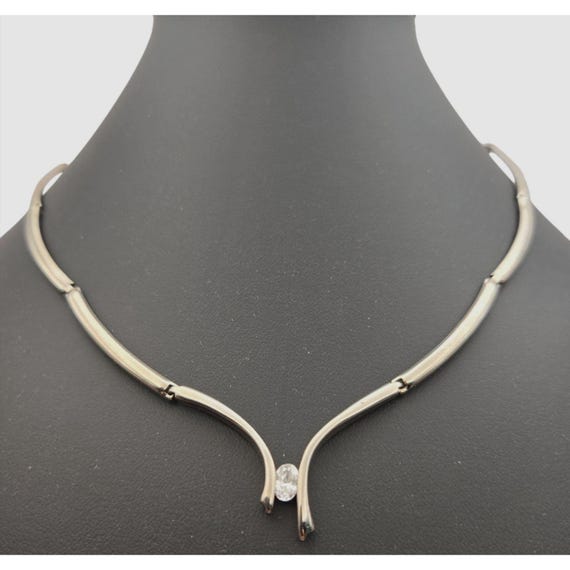 Vintage Silver Tone CZ Choker Necklace Elegant Design 15 Inch