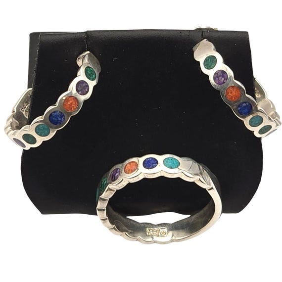 Native American Sterling Silver Ring & Hoop Earrings Set W/Gemstones