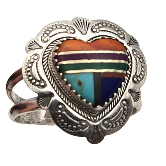 Vintage Native American Zuni Sterling Silver Heart Ring W/ Inlay Turquoise & Coral By Q.T. Size 9