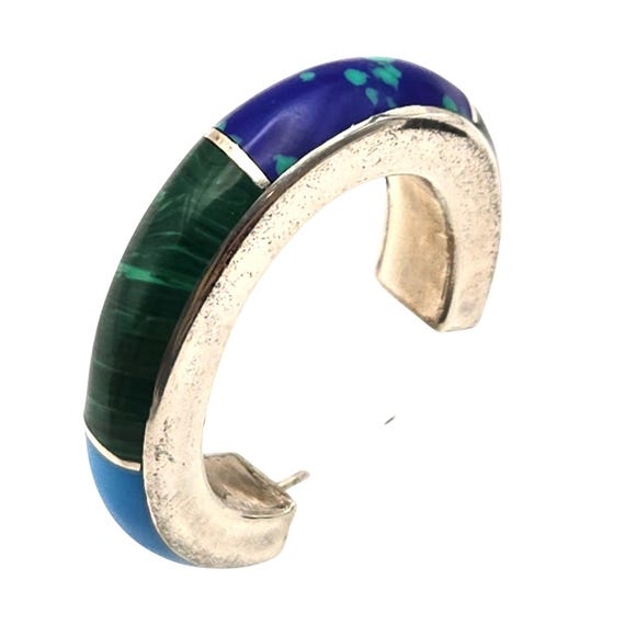 Vtg Mexican Sterling Silver Hoop Earrings Malachite Turquoise Black Onyx Lapis Inlay 925 Gemstone Jewelry