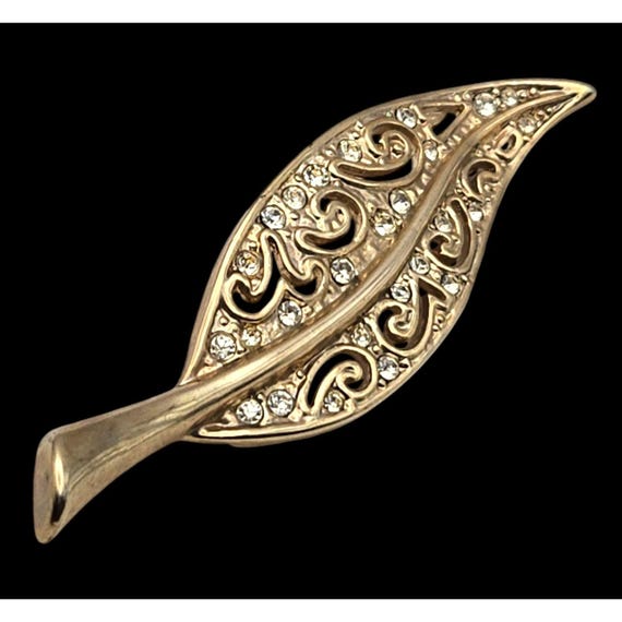 Vintage Gold Tone Leaf Brooch With Rhinestones Fall Brooch