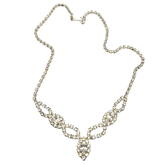 Vintage Rhinestone Crystal Pendant Necklace With Marquise Tear Drop Design 17 " w/ 3 " Fan