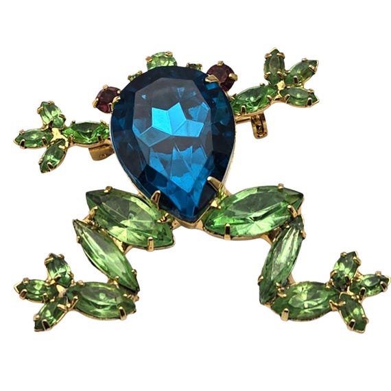 Vintage Gold-Tone Frog Brooch With Blue & Green Rhinestones