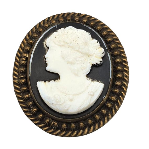 Vintage Oval Cameo Brooch Pin With White Silhouette On Black Background & Brass Rope Frame