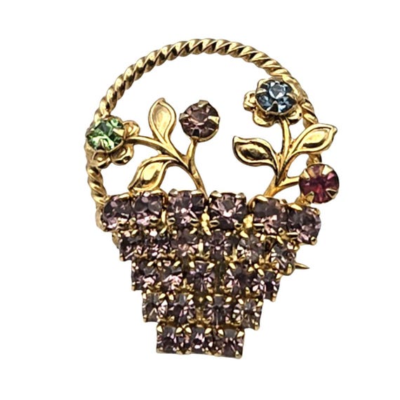 Vintage Floral Basket Brooch Pin With Multicolored Rhinestones