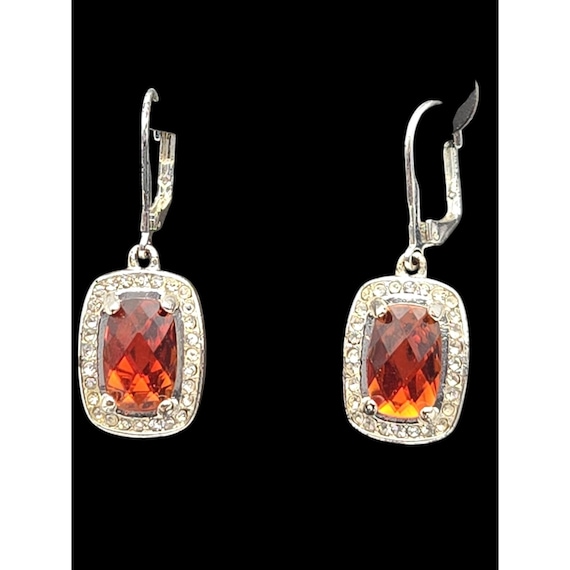 Vintage Silver & Orange Gemstone Drop Earrings With Rhinestone Accents
