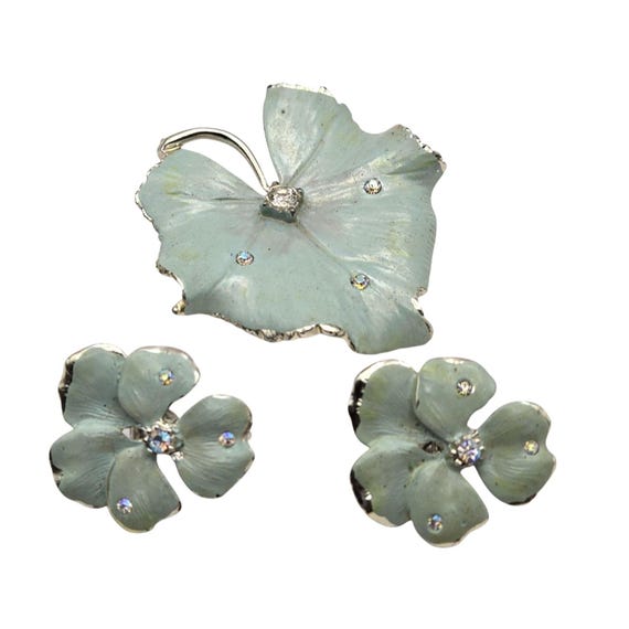 Vintage Coro Pale Green Enamel Rhinestone Brooch & Clip-On Earring Set