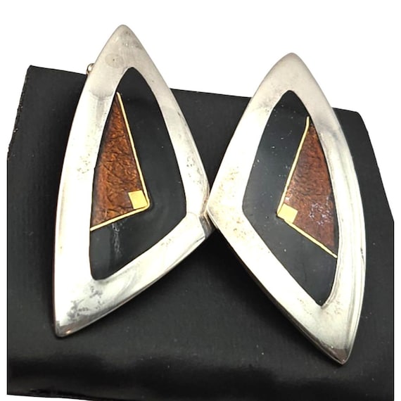 Vtg Helen Hosking Geometric Stud Earrings Sterling Silver 925 Gold Black Onyx Enamel MCM Design 1 3/8" x 5/8" Handcrafted
