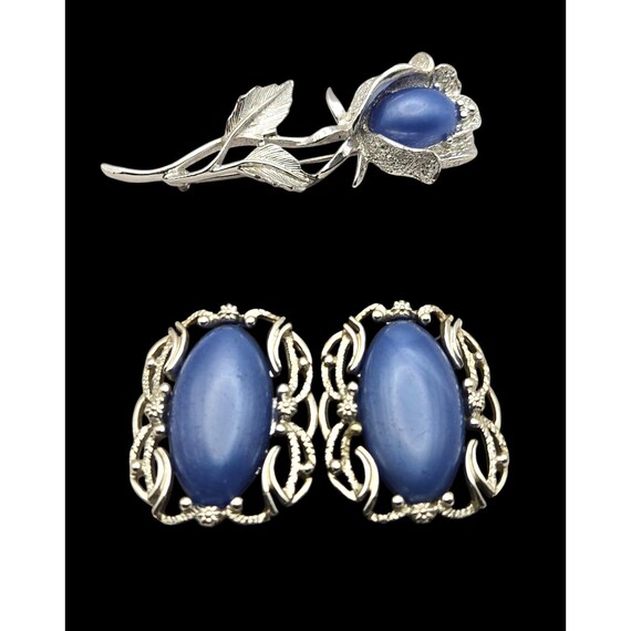 Vintage SARAH COV Silver Blue Rose Brooch & Clip-On Earrings Set