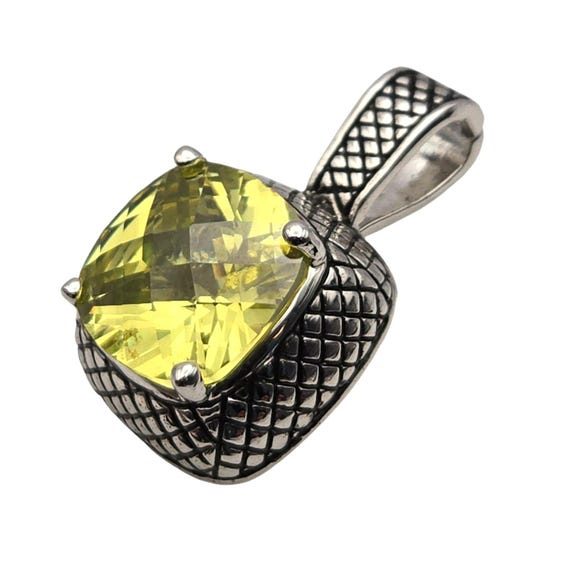 VTG Premier Designs Peridot Crystal Pendant Silver Tone Basket Design 1/2" x 1/2" Brilliant Cut Stone