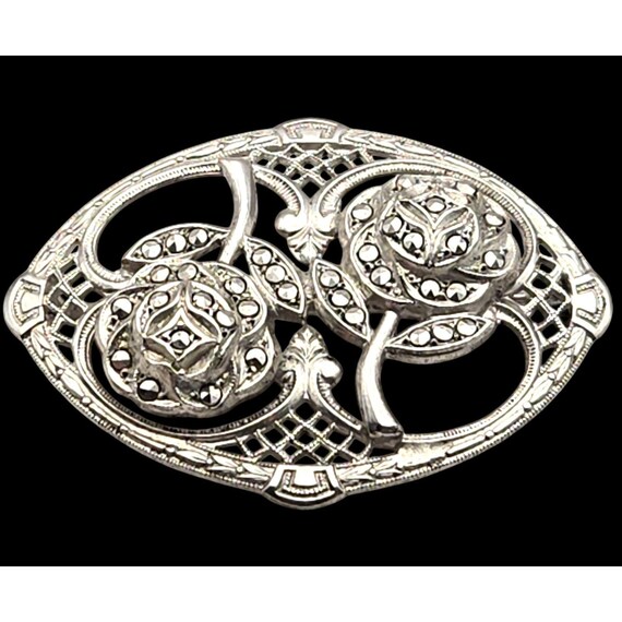 Vintage Sterling Silver Art Deco Reticulated Marcasite Brooch Pin 1 5/8 " x 1 1/8 "
