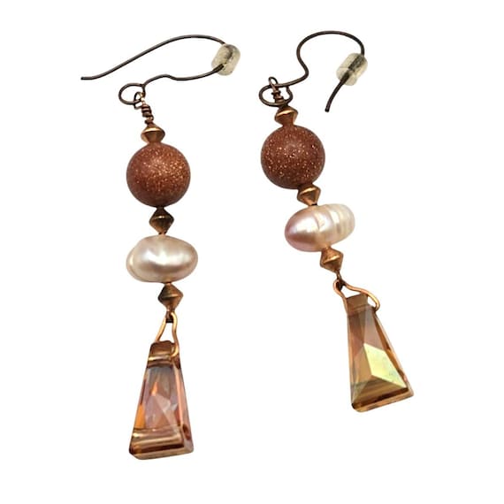Handcrafted Vintage-Style Dangle Earrings With Brown Goldstone Pearl & Crystal Accents 2 1/4 " X 1/4 "