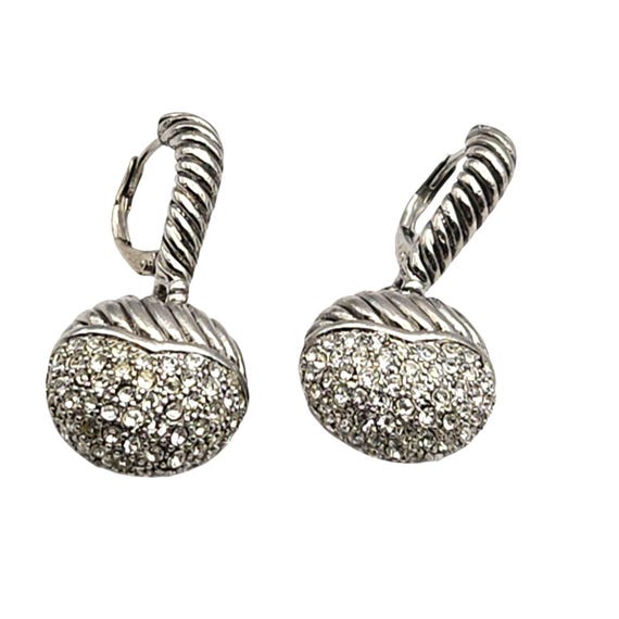 Vintage Silver-Tone Crystal Drop Earrings With Textured Leverback Closure