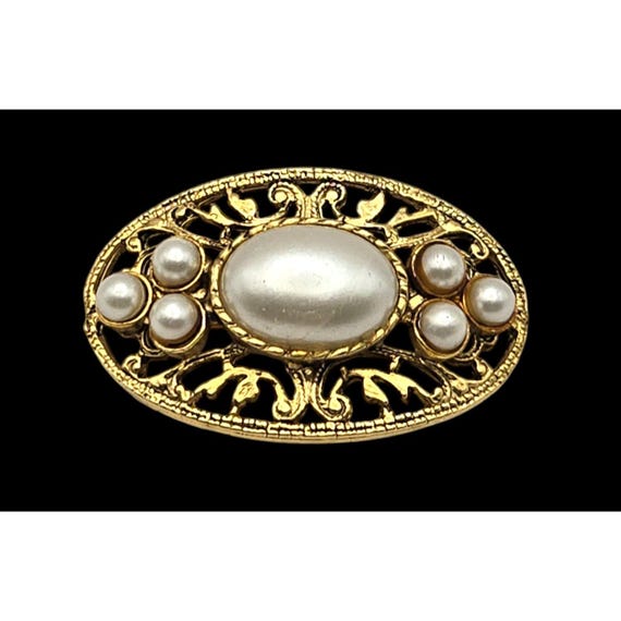 Vintage Gold-Tone Filigree Brooch With Faux Pearls Oval Shape