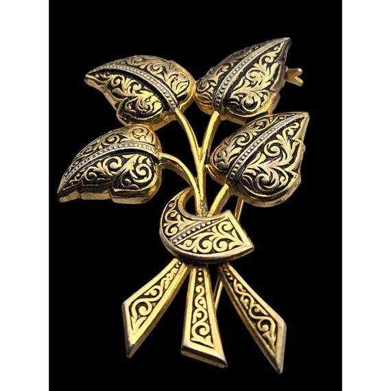 Vintage Damascene Gold Tone Floral Leaf Brooch Pin With Intricate Black Enamel Design