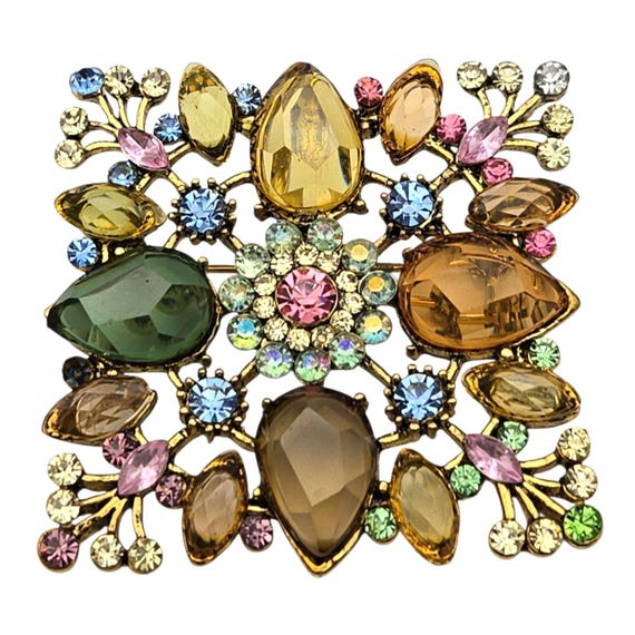 Vintage Gold Tone Austrian Crystal Brooch Pendant Floral Design
