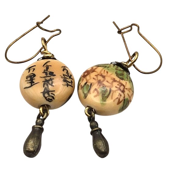 Vintage Asian-Inspired Hand-Painted Ceramic Drop Earrings With Brass Detailing