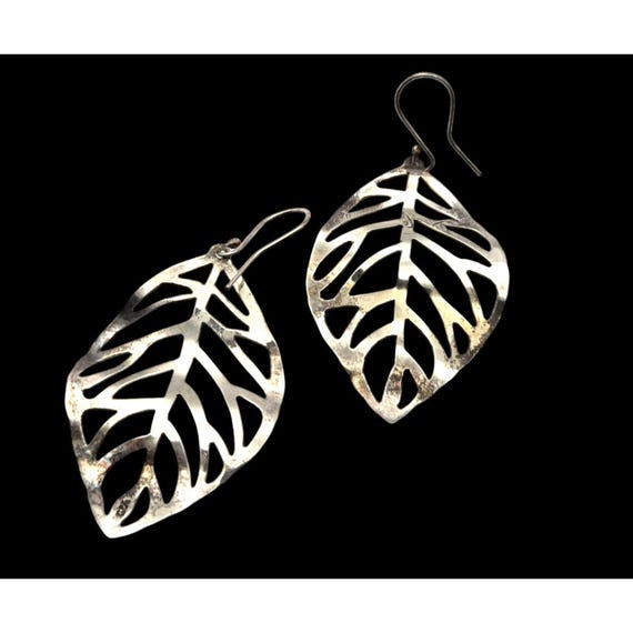 Vtg Sterling Silver Reticulated Leaf Dangle Earrings 2.5" Drop X 1.25" Bold Filigree Design
