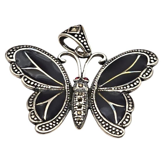 Sterling Silver & Enamel Butterfly Pendant With Red Gemstone Eyes