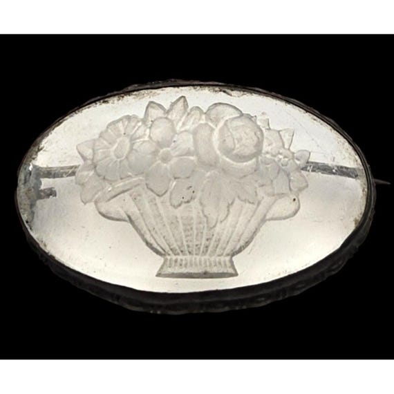Vintage ART DECO Frosted Oval Glass Floral Brooch Pin With Metal Frame Signed On Clasp ( Non-Legible )