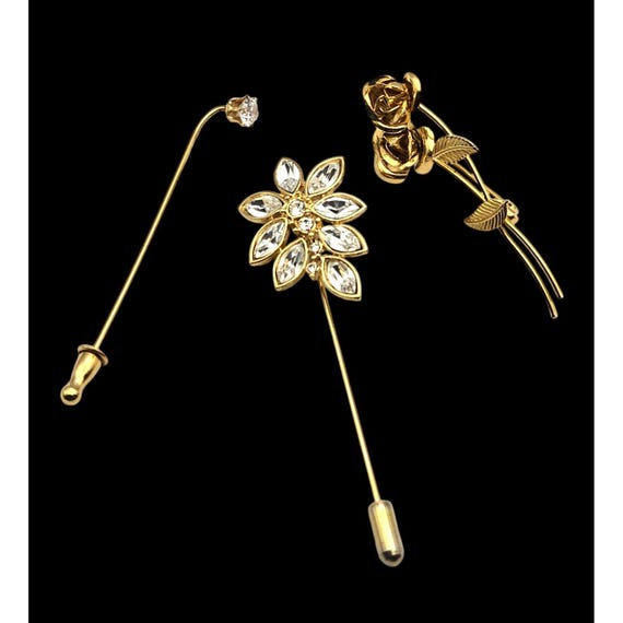 Vintage Monet Gold Tone Crystal & Floral Stick Pins Lot (3)