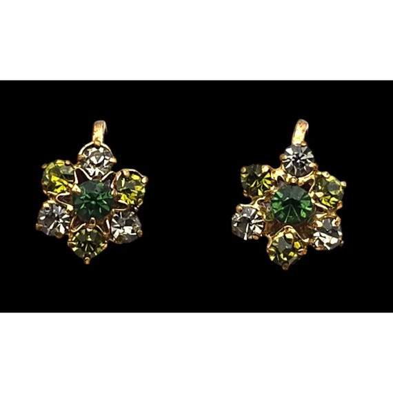 Vintage Made In Austria Gold-Tone Floral Clip-On Earrings With Green & Clear Rhinestones
