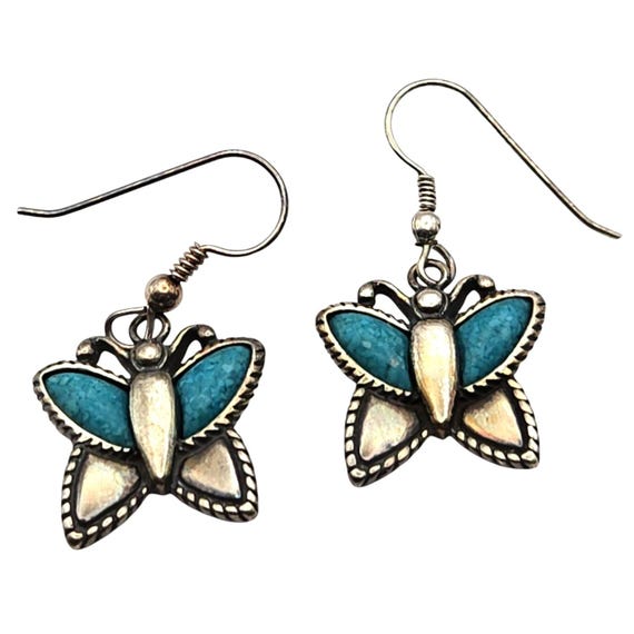 Vtg Carolyn Pollack Sterling Silver & Turquoise Butterfly Dangle Earrings Artist Signed 1.5" Drop 5/8" Width