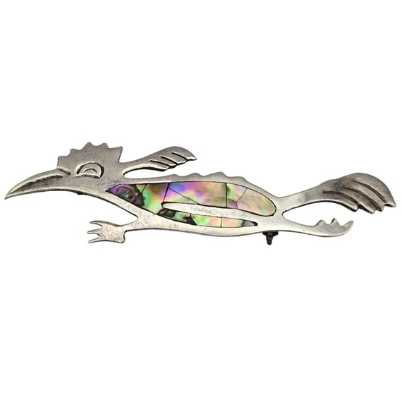 Vintage Taxco Sterling Silver Roadrunner Pin Brooch W/ Abalone Inlay Artist Signed JRC
