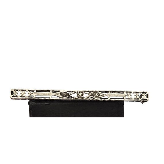 Vtg Art Deco Sterling Bar Pin Brooch W/ Rhinestone Accents Elegant Filigree Design Silver Tone Classic Antique Jewelry Piece