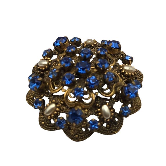 Vintage West Germany Filigree Brooch With Blue Rhinestones & Pearls Antique Gold Tone