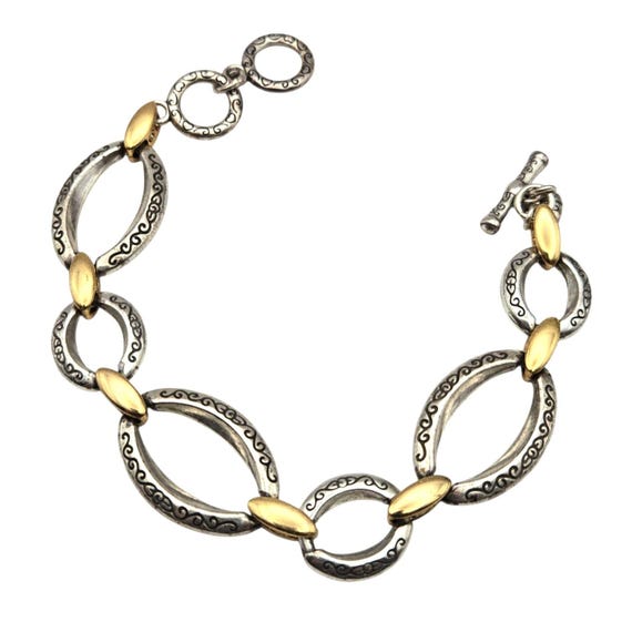 Vtg Brighton Two-Tone Gold & Silver Oval Link Bracelet 8" x 3/4" Elegant Design